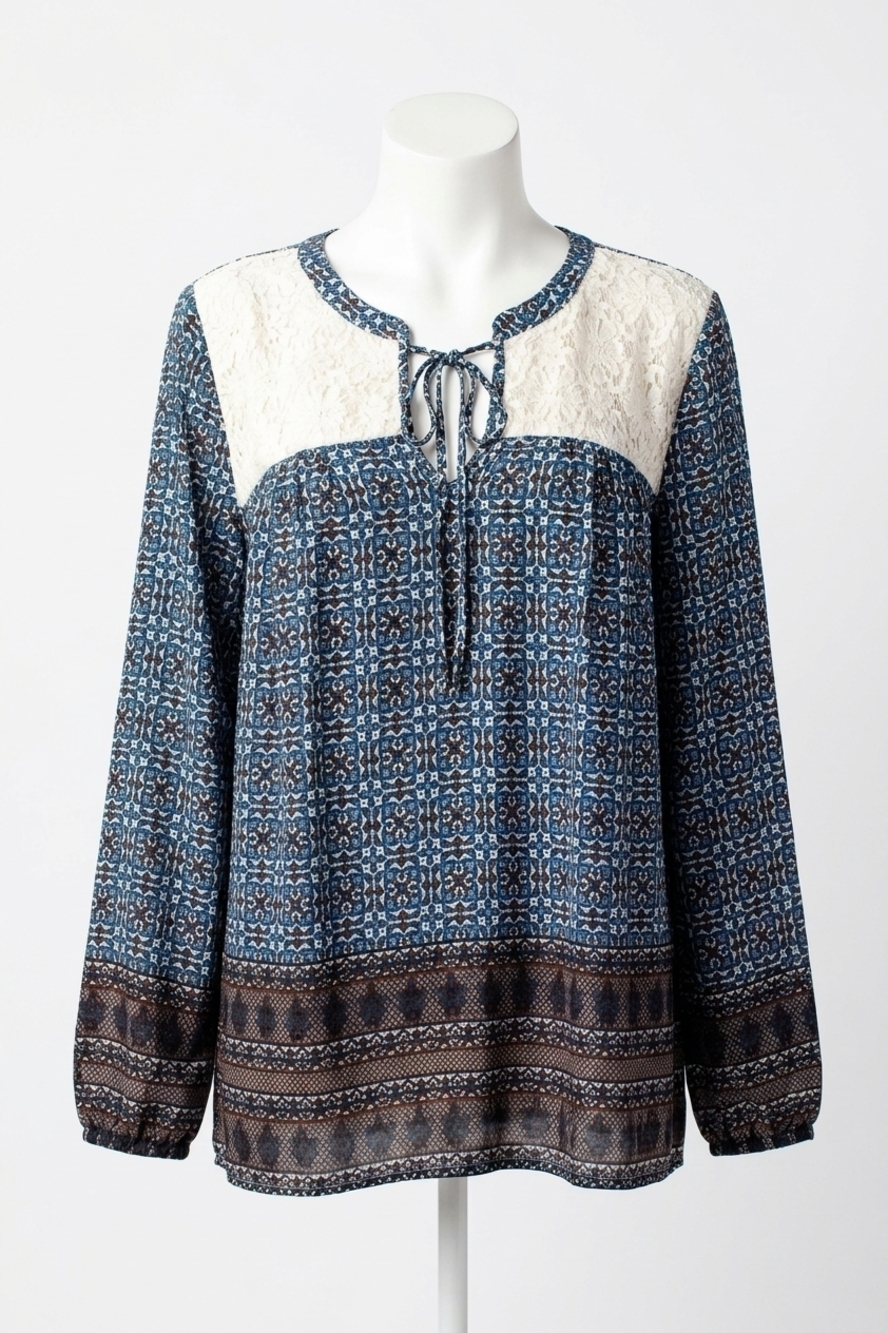 NEW KORI border print lace top in navy